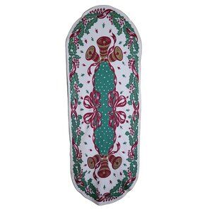 Vtg Christmas Table Runner Green & Red Holly, Bells and Bows 18 x 50 in